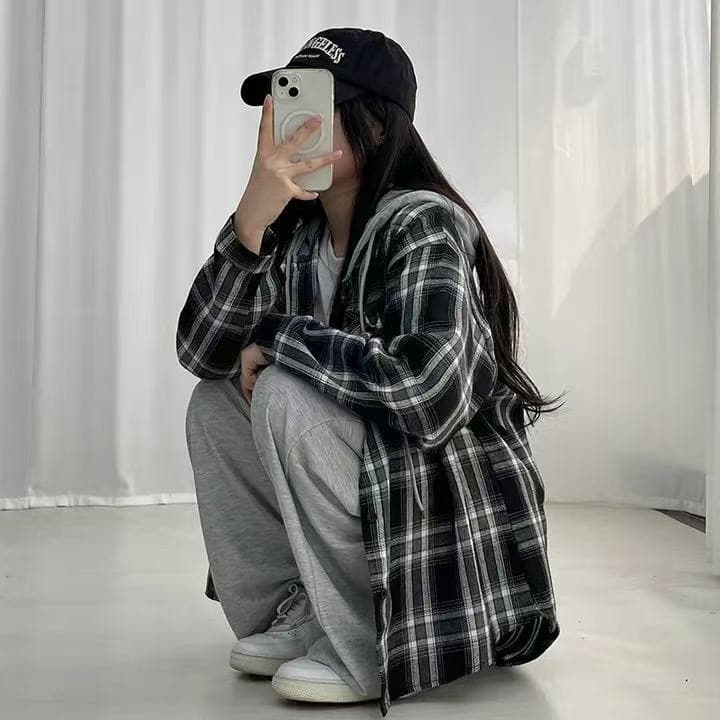 재고 있음 한국 스타일 체크무늬 후드 셔츠 상세 이미지 3