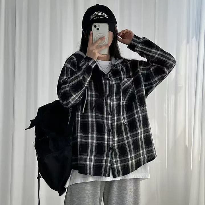 재고 있음 한국 스타일 체크무늬 후드 셔츠 상세 이미지 4