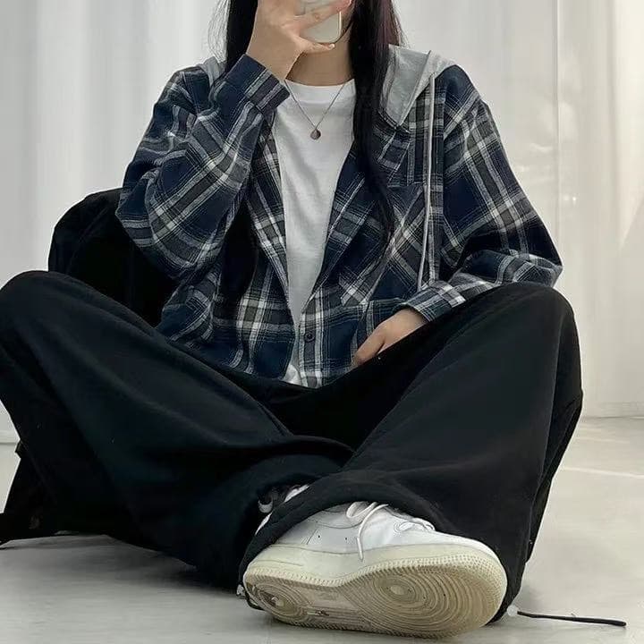 재고 있음 한국 스타일 체크무늬 후드 셔츠 상세 이미지 8