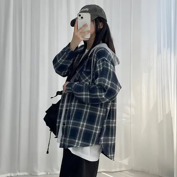 재고 있음 한국 스타일 체크무늬 후드 셔츠 상세 이미지 9