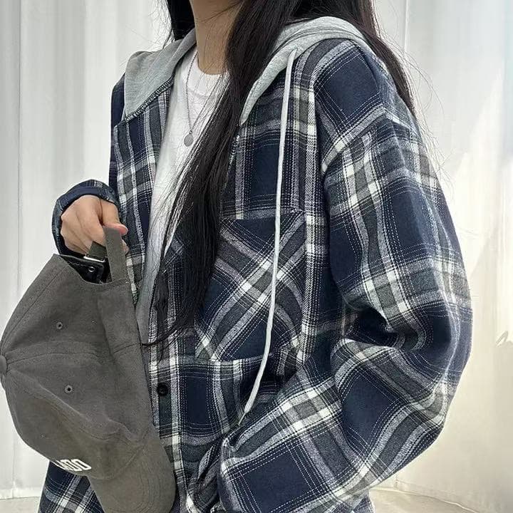 재고 있음 한국 스타일 체크무늬 후드 셔츠 상세 이미지 11