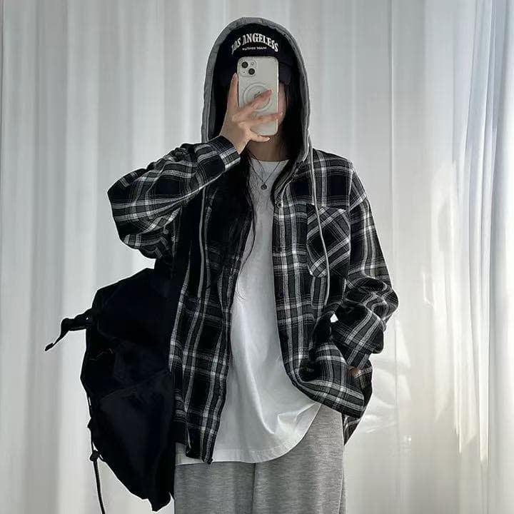 재고 있음 한국 스타일 체크무늬 후드 셔츠 상세 이미지 14