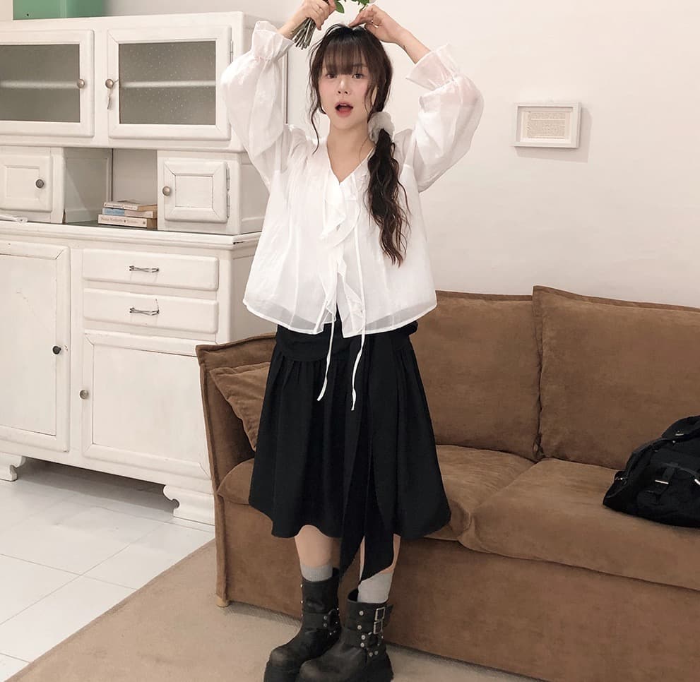 봄 가을 연령 감소 달콤한 스타일 무거운 작업 플리츠 프릴 리본 얇은 스타일 여성 셔츠 루즈핏 다용도 나팔 소매 맨위 상세 이미지 8