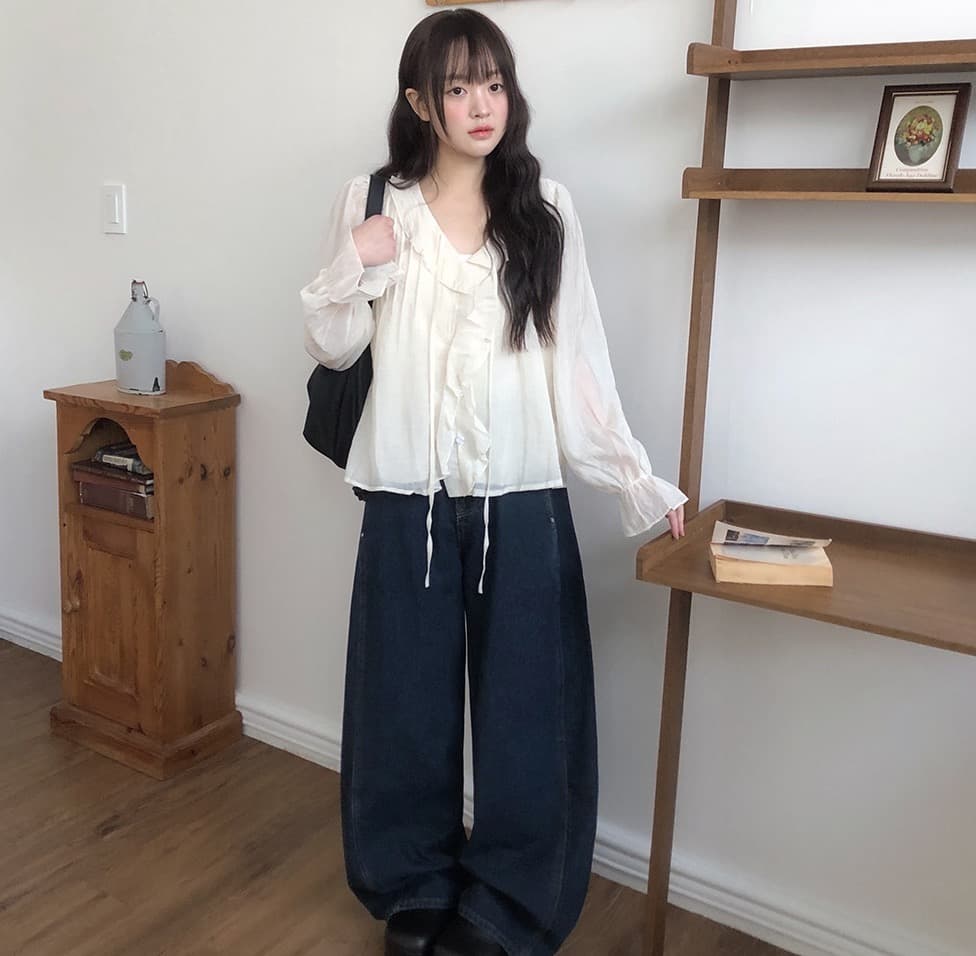 봄 가을 연령 감소 달콤한 스타일 무거운 작업 플리츠 프릴 리본 얇은 스타일 여성 셔츠 루즈핏 다용도 나팔 소매 맨위 상세 이미지 14
