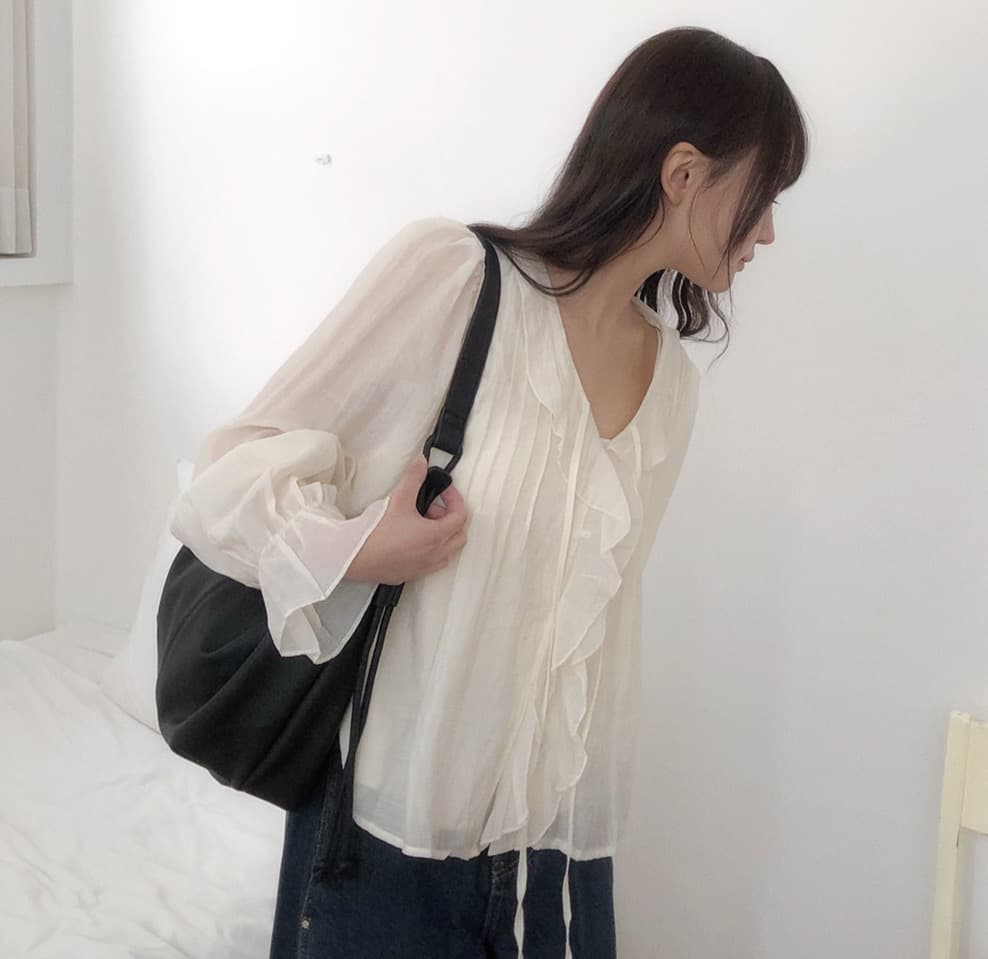 봄 가을 연령 감소 달콤한 스타일 무거운 작업 플리츠 프릴 리본 얇은 스타일 여성 셔츠 루즈핏 다용도 나팔 소매 맨위 상세 이미지 15