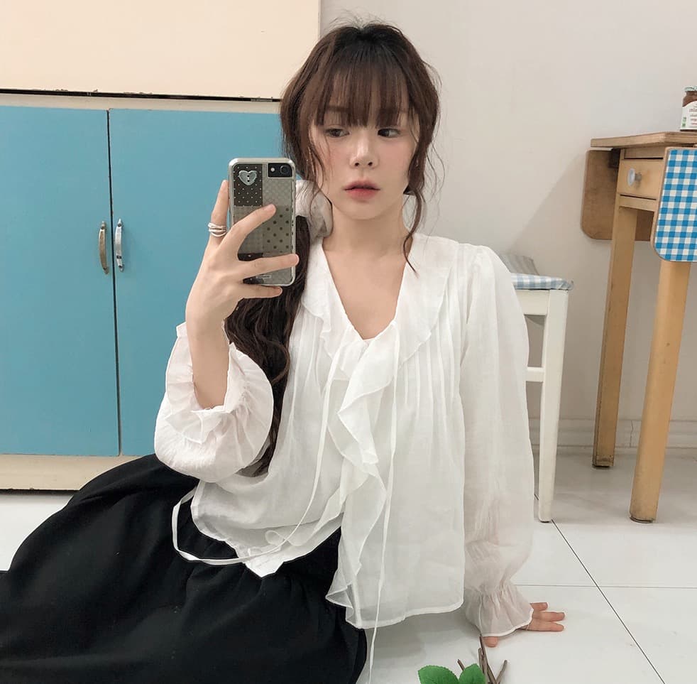봄 가을 연령 감소 달콤한 스타일 무거운 작업 플리츠 프릴 리본 얇은 스타일 여성 셔츠 루즈핏 다용도 나팔 소매 맨위 상세 이미지 18
