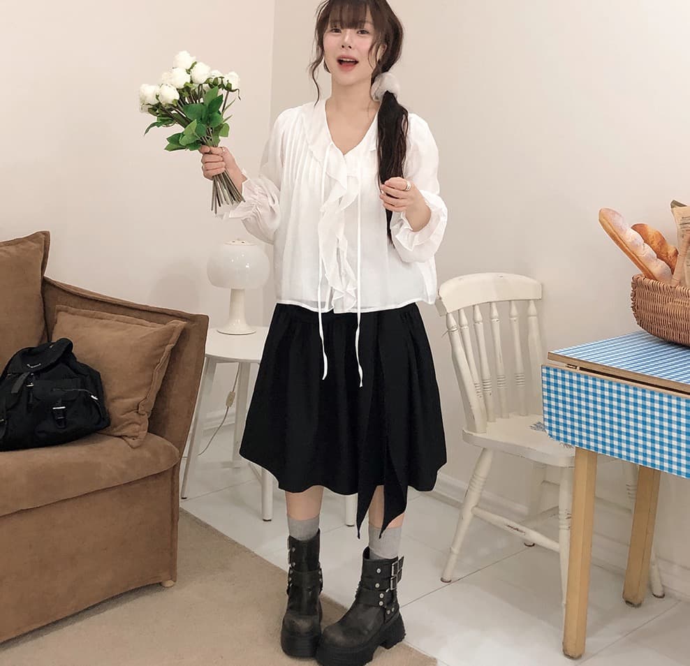 봄 가을 연령 감소 달콤한 스타일 무거운 작업 플리츠 프릴 리본 얇은 스타일 여성 셔츠 루즈핏 다용도 나팔 소매 맨위 상세 이미지 19