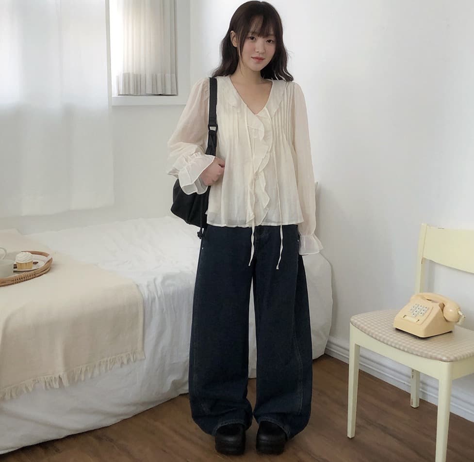 봄 가을 연령 감소 달콤한 스타일 무거운 작업 플리츠 프릴 리본 얇은 스타일 여성 셔츠 루즈핏 다용도 나팔 소매 맨위 상세 이미지 21