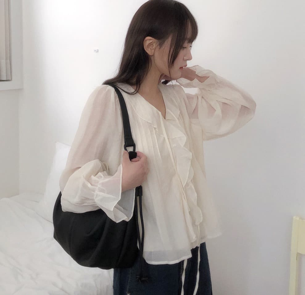봄 가을 연령 감소 달콤한 스타일 무거운 작업 플리츠 프릴 리본 얇은 스타일 여성 셔츠 루즈핏 다용도 나팔 소매 맨위 상세 이미지 22