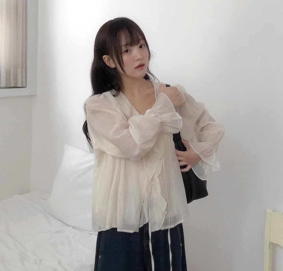 봄 가을 연령 감소 달콤한 스타일 무거운 작업 플리츠 프릴 리본 얇은 스타일 여성 셔츠 루즈핏 다용도 나팔 소매 맨위 상세 이미지 23