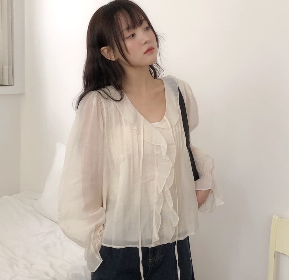 봄 가을 연령 감소 달콤한 스타일 무거운 작업 플리츠 프릴 리본 얇은 스타일 여성 셔츠 루즈핏 다용도 나팔 소매 맨위 상세 이미지 24