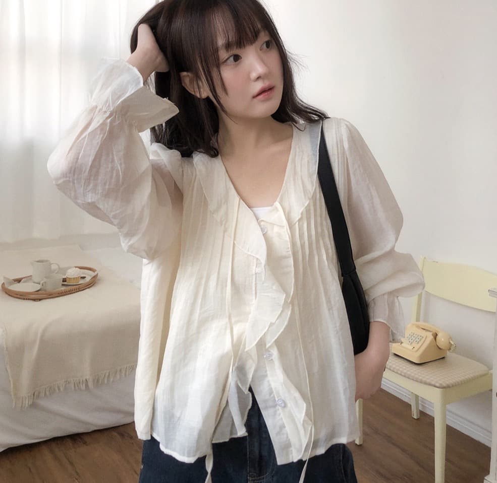 봄 가을 연령 감소 달콤한 스타일 무거운 작업 플리츠 프릴 리본 얇은 스타일 여성 셔츠 루즈핏 다용도 나팔 소매 맨위 상세 이미지 25