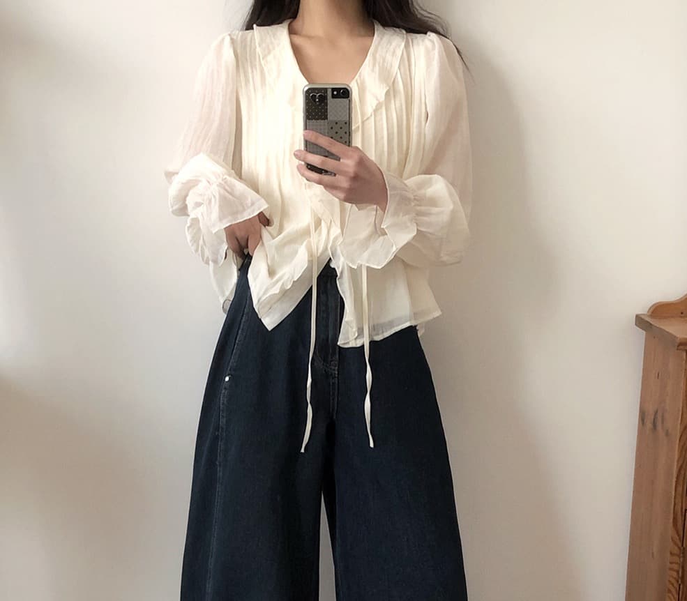 봄 가을 연령 감소 달콤한 스타일 무거운 작업 플리츠 프릴 리본 얇은 스타일 여성 셔츠 루즈핏 다용도 나팔 소매 맨위 상세 이미지 26