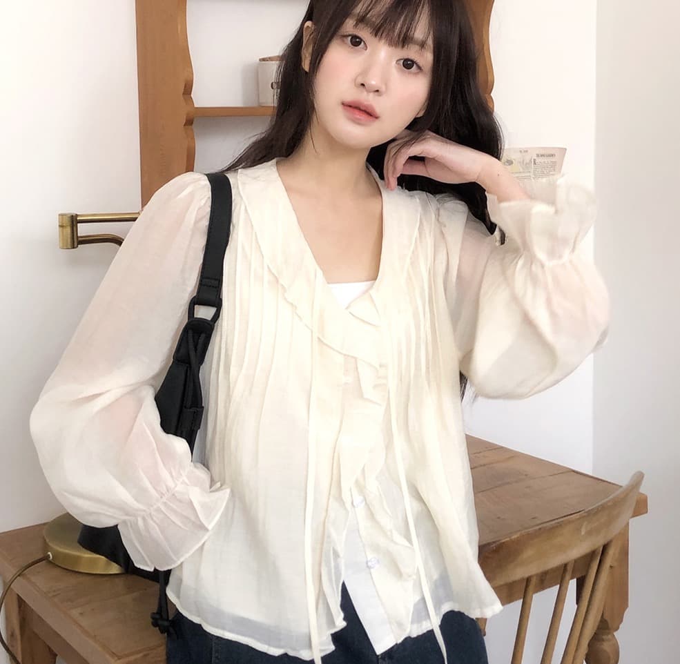 봄 가을 연령 감소 달콤한 스타일 무거운 작업 플리츠 프릴 리본 얇은 스타일 여성 셔츠 루즈핏 다용도 나팔 소매 맨위 상세 이미지 32