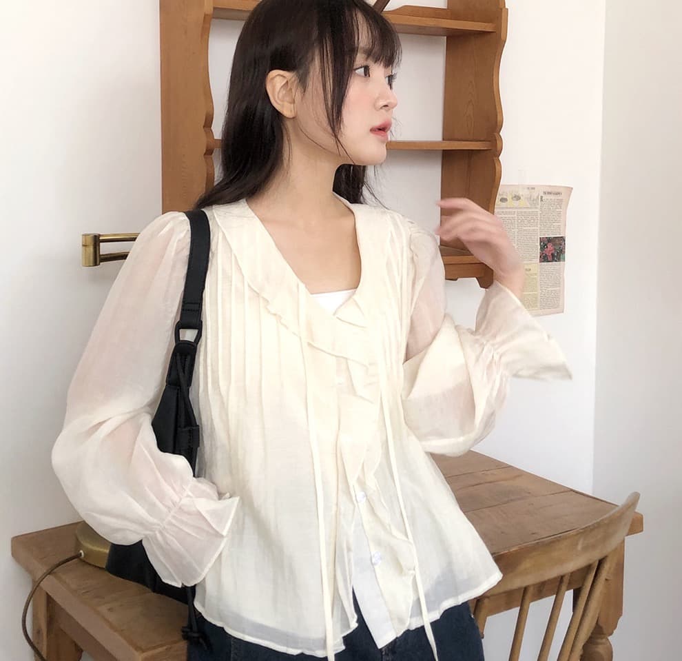 봄 가을 연령 감소 달콤한 스타일 무거운 작업 플리츠 프릴 리본 얇은 스타일 여성 셔츠 루즈핏 다용도 나팔 소매 맨위 상세 이미지 33