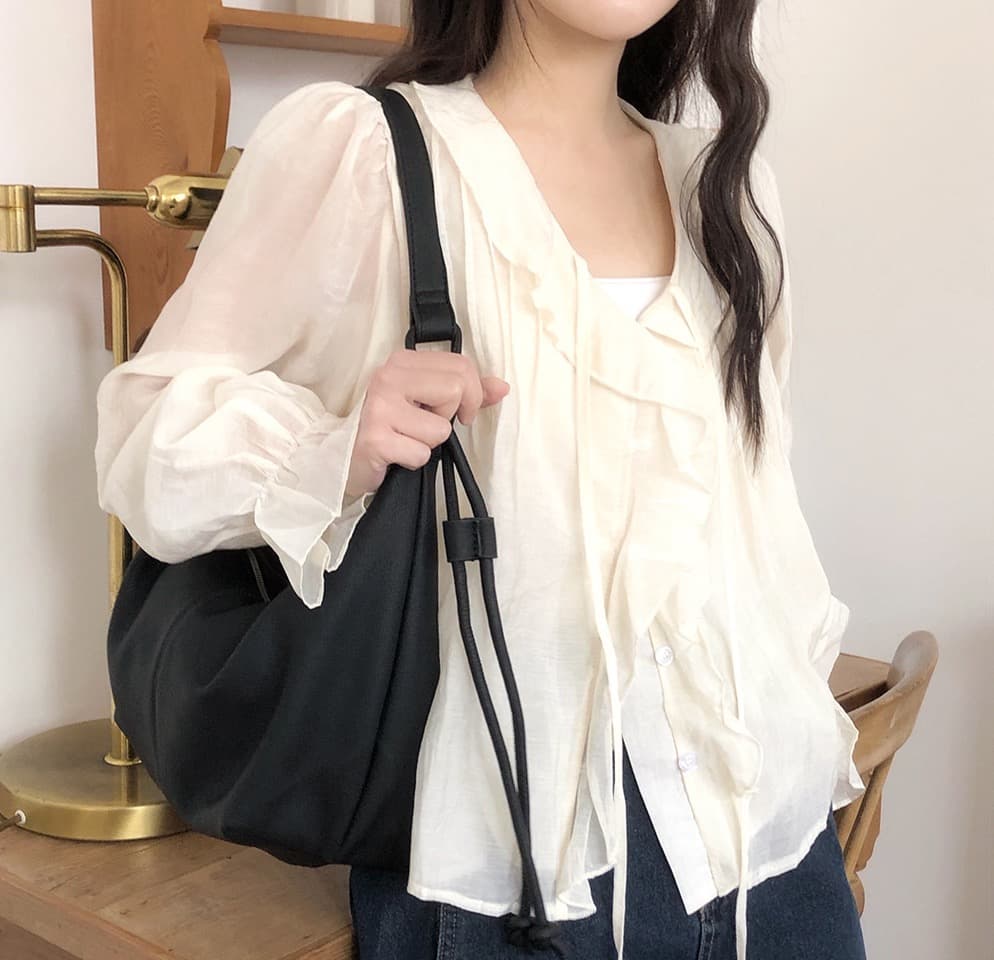 봄 가을 연령 감소 달콤한 스타일 무거운 작업 플리츠 프릴 리본 얇은 스타일 여성 셔츠 루즈핏 다용도 나팔 소매 맨위 상세 이미지 35