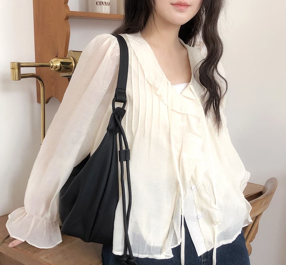 봄 가을 연령 감소 달콤한 스타일 무거운 작업 플리츠 프릴 리본 얇은 스타일 여성 셔츠 루즈핏 다용도 나팔 소매 맨위 상세 이미지 36