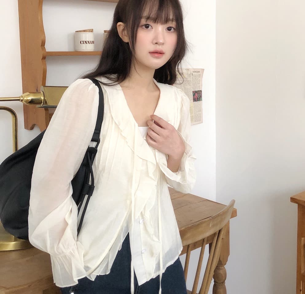 봄 가을 연령 감소 달콤한 스타일 무거운 작업 플리츠 프릴 리본 얇은 스타일 여성 셔츠 루즈핏 다용도 나팔 소매 맨위 상세 이미지 37