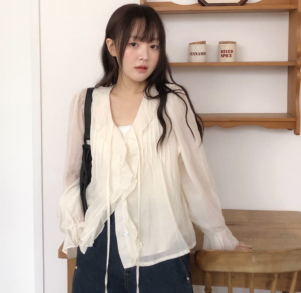 봄 가을 연령 감소 달콤한 스타일 무거운 작업 플리츠 프릴 리본 얇은 스타일 여성 셔츠 루즈핏 다용도 나팔 소매 맨위 상세 이미지 38