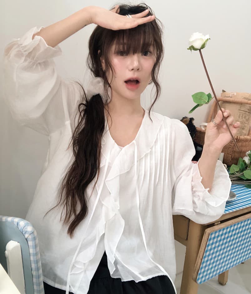 봄 가을 연령 감소 달콤한 스타일 무거운 작업 플리츠 프릴 리본 얇은 스타일 여성 셔츠 루즈핏 다용도 나팔 소매 맨위 상세 이미지 41