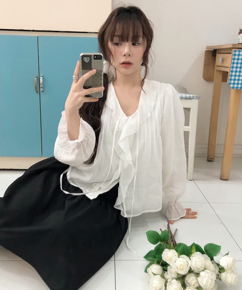 봄 가을 연령 감소 달콤한 스타일 무거운 작업 플리츠 프릴 리본 얇은 스타일 여성 셔츠 루즈핏 다용도 나팔 소매 맨위 상세 이미지 42