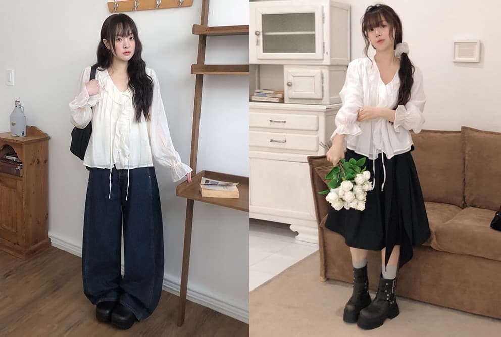 봄 가을 연령 감소 달콤한 스타일 무거운 작업 플리츠 프릴 리본 얇은 스타일 여성 셔츠 루즈핏 다용도 나팔 소매 맨위 상세 이미지 43