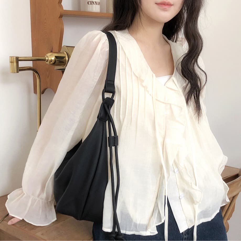 봄 가을 연령 감소 달콤한 스타일 무거운 작업 플리츠 프릴 리본 얇은 스타일 여성 셔츠 루즈핏 다용도 나팔 소매 맨위 상세 이미지 45