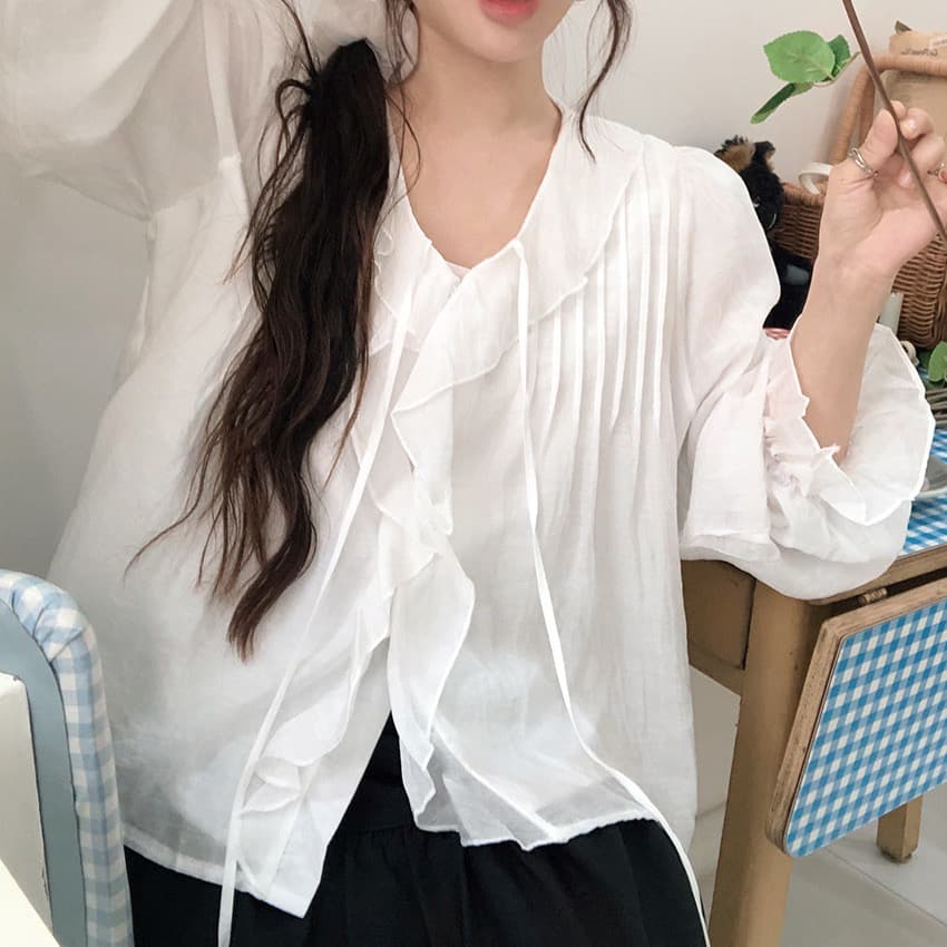 봄 가을 연령 감소 달콤한 스타일 무거운 작업 플리츠 프릴 리본 얇은 스타일 여성 셔츠 루즈핏 다용도 나팔 소매 맨위 상세 이미지 46