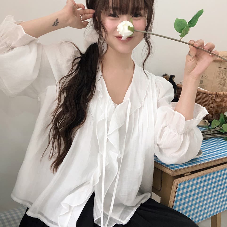 봄 가을 연령 감소 달콤한 스타일 무거운 작업 플리츠 프릴 리본 얇은 스타일 여성 셔츠 루즈핏 다용도 나팔 소매 맨위 상세 이미지 48