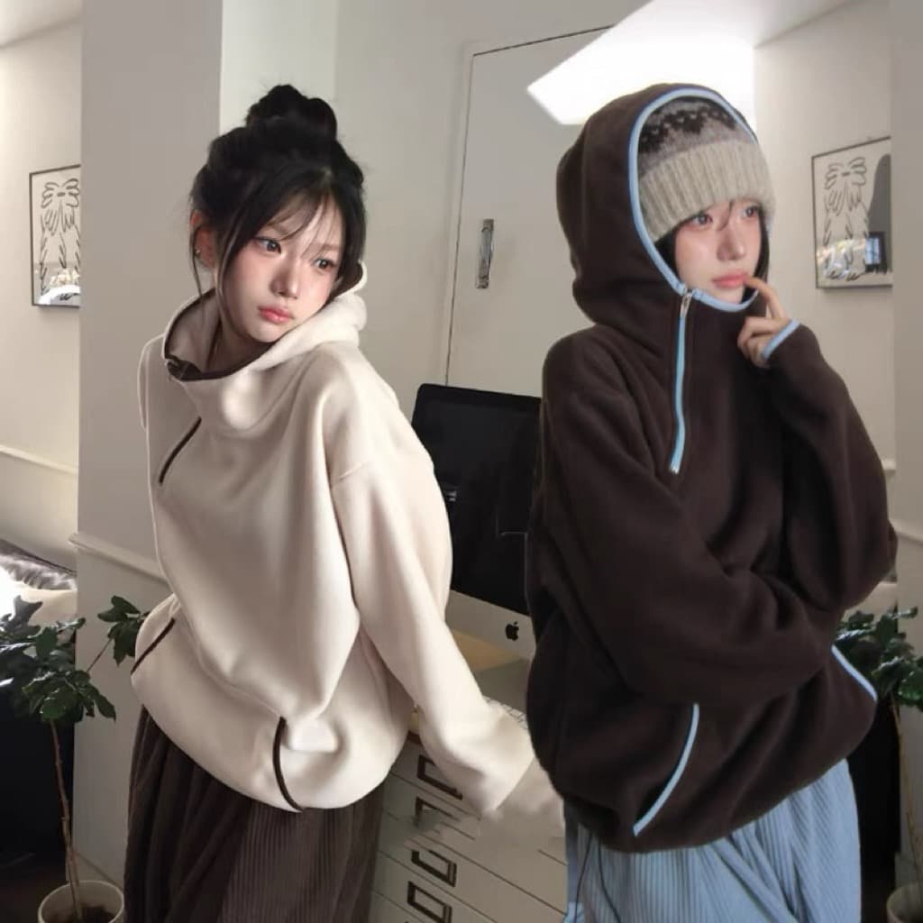 가지고있다 창고 한국 동대문 배색 레트로 기능 중성 플리스 후드 보온 후드티 상세 이미지 1