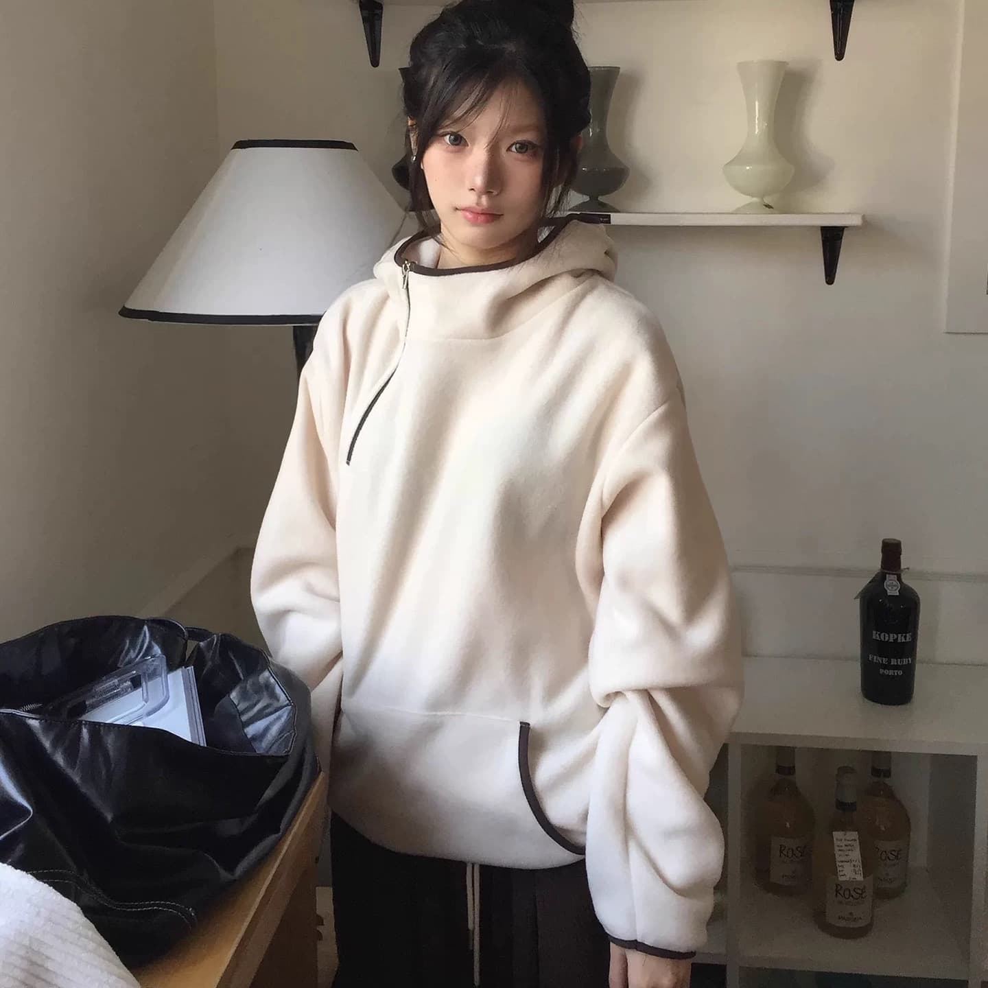가지고있다 창고 한국 동대문 배색 레트로 기능 중성 플리스 후드 보온 후드티 상세 이미지 15