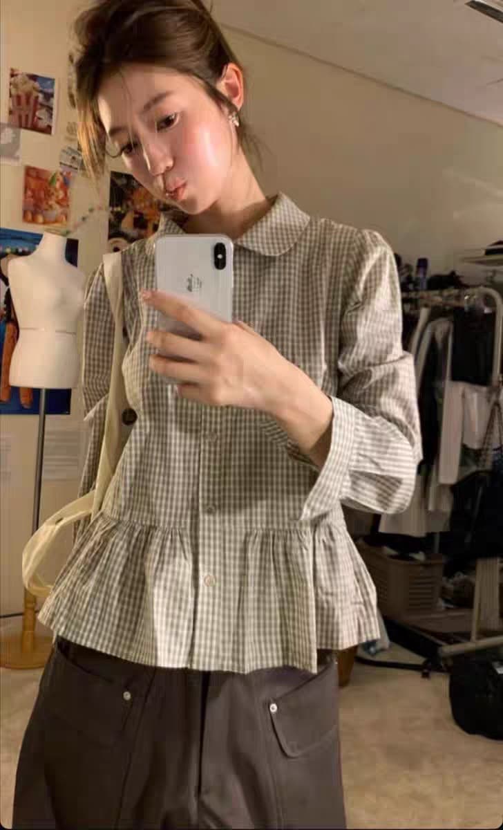있음 창고 귀여운 연령 감소 프릴 체크무늬 인형 셔츠 상세 이미지 6