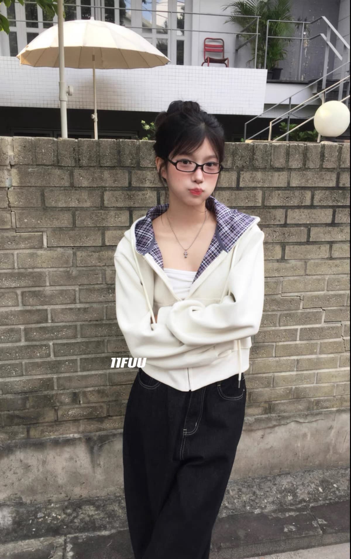 재고 있음 26 한 초등학교 레트로 다용도 캐주얼 체크무늬 짧은 후드티 후드 재킷 상세 이미지 1