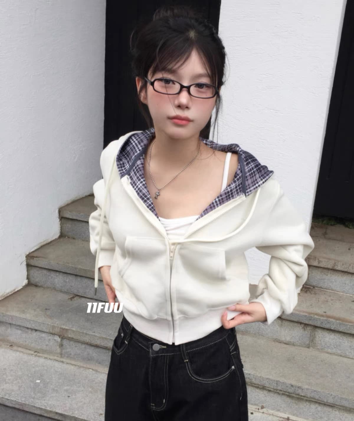재고 있음 26 한 초등학교 레트로 다용도 캐주얼 체크무늬 짧은 후드티 후드 재킷 상세 이미지 3