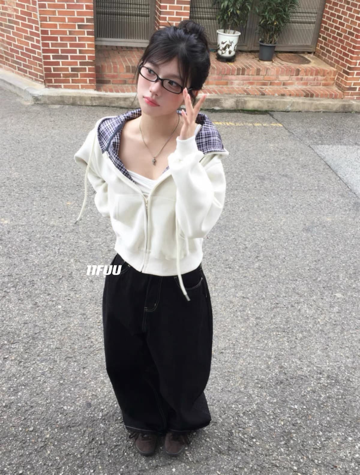 재고 있음 26 한 초등학교 레트로 다용도 캐주얼 체크무늬 짧은 후드티 후드 재킷 상세 이미지 5