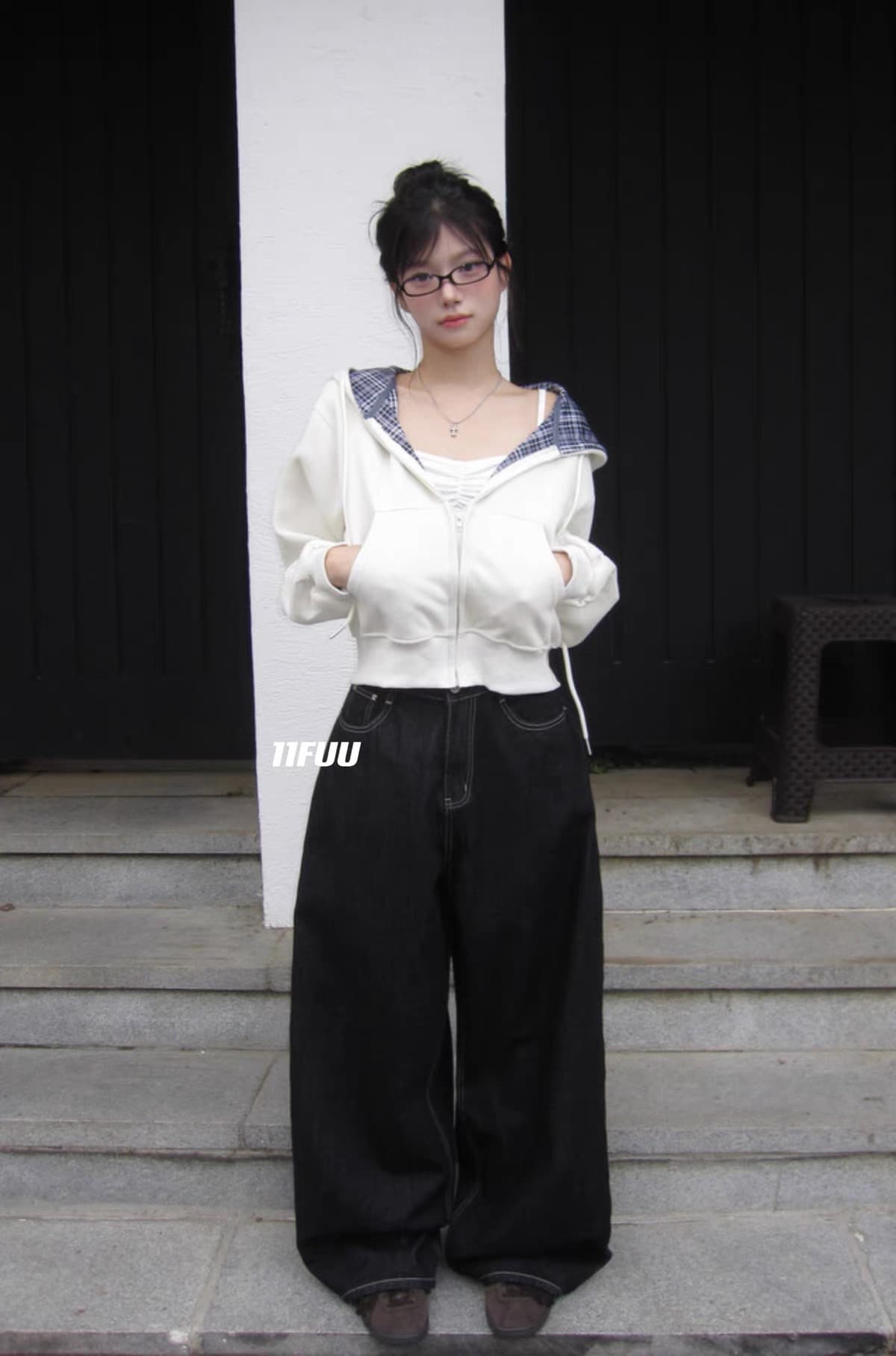 재고 있음 26 한 초등학교 레트로 다용도 캐주얼 체크무늬 짧은 후드티 후드 재킷 상세 이미지 7