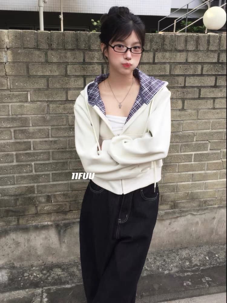 재고 있음 26 한 초등학교 레트로 다용도 캐주얼 체크무늬 짧은 후드티 후드 재킷 상세 이미지 14