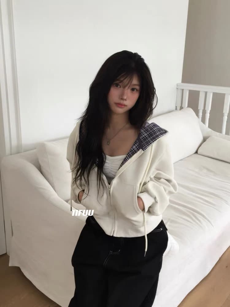 재고 있음 26 한 초등학교 레트로 다용도 캐주얼 체크무늬 짧은 후드티 후드 재킷 상세 이미지 20