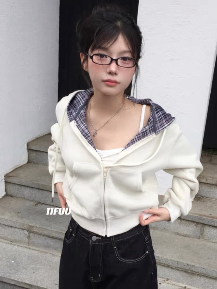 재고 있음 26 한 초등학교 레트로 다용도 캐주얼 체크무늬 짧은 후드티 후드 재킷 상세 이미지 21