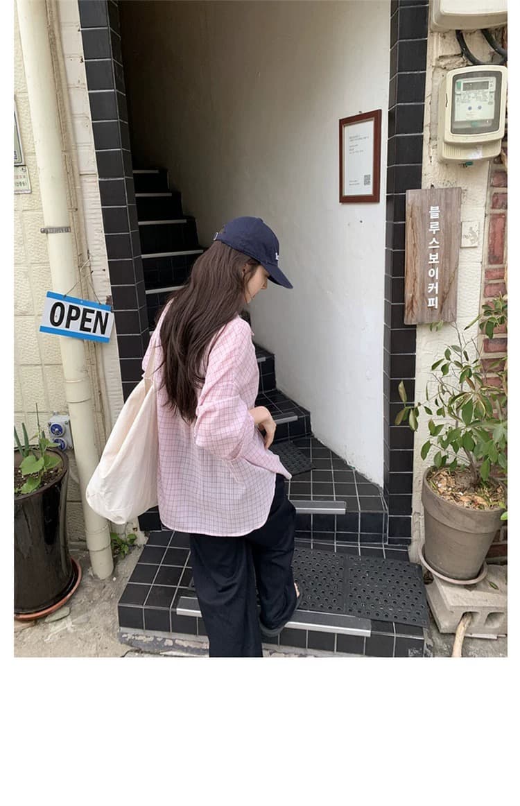 재고 있음 한국 ins 달콤함 소녀 얇은 스타일 자외선 차단 루즈핏 체크무늬 긴팔 셔츠 상세 이미지 16