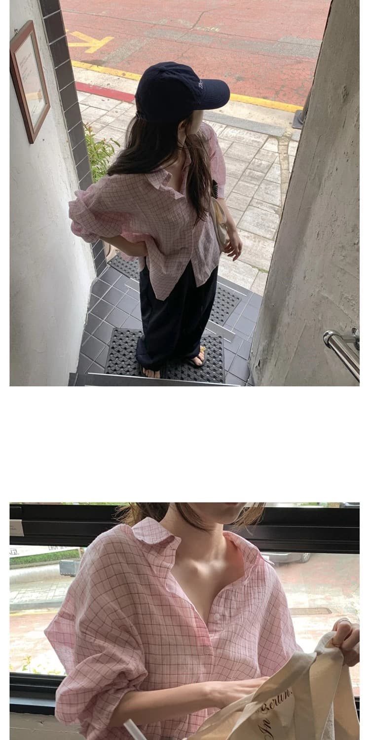 재고 있음 한국 ins 달콤함 소녀 얇은 스타일 자외선 차단 루즈핏 체크무늬 긴팔 셔츠 상세 이미지 22
