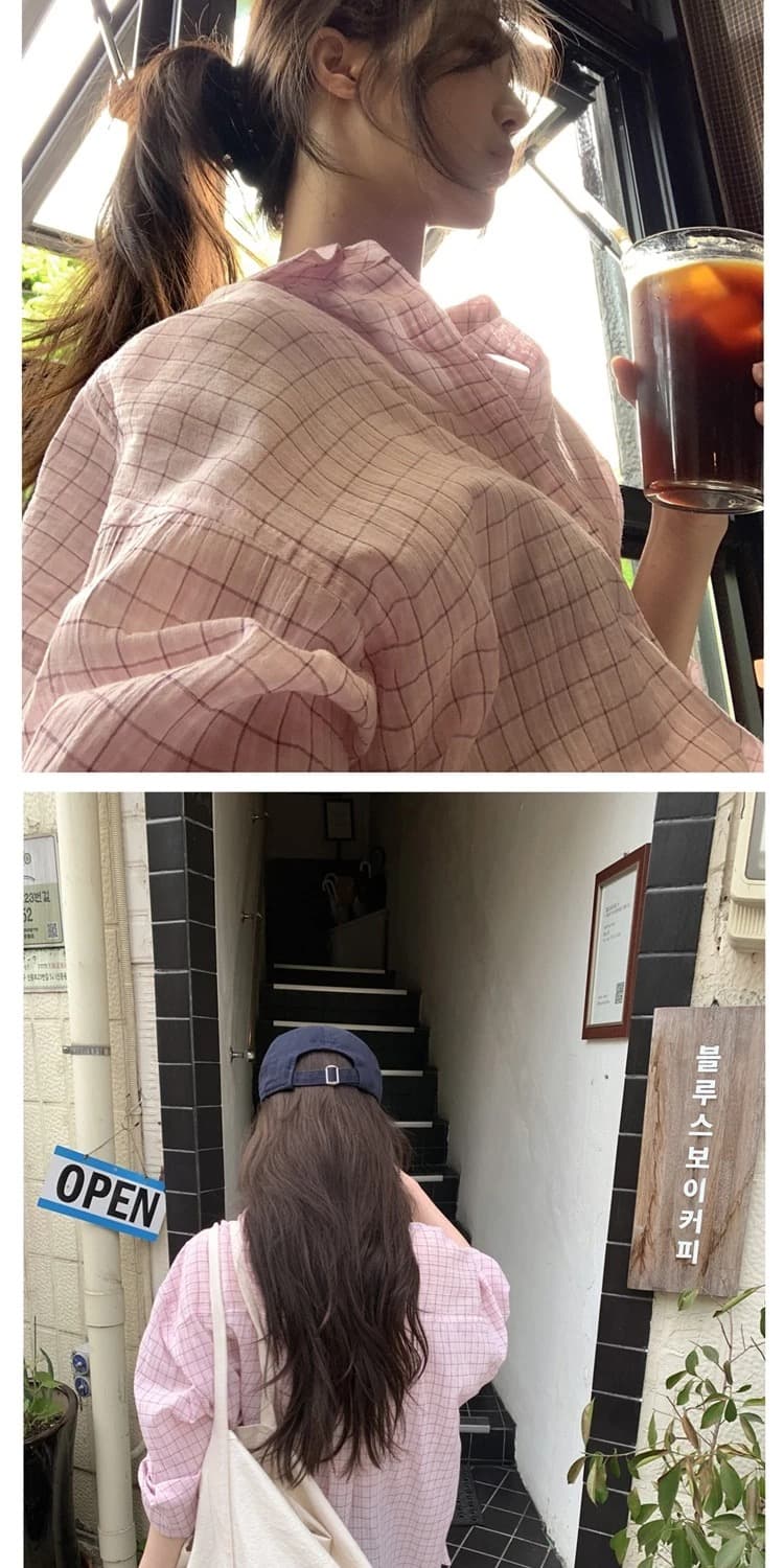 재고 있음 한국 ins 달콤함 소녀 얇은 스타일 자외선 차단 루즈핏 체크무늬 긴팔 셔츠 상세 이미지 24