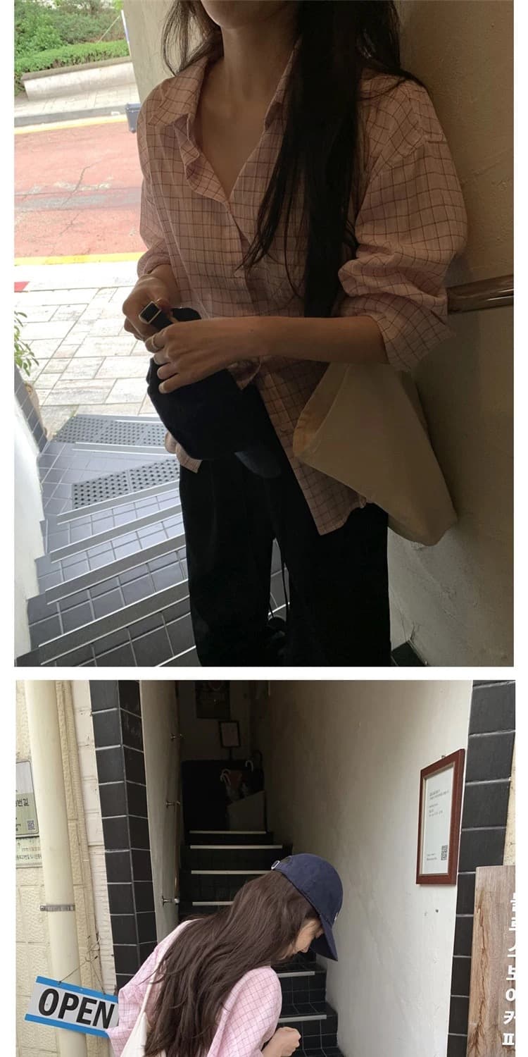 재고 있음 한국 ins 달콤함 소녀 얇은 스타일 자외선 차단 루즈핏 체크무늬 긴팔 셔츠 상세 이미지 26
