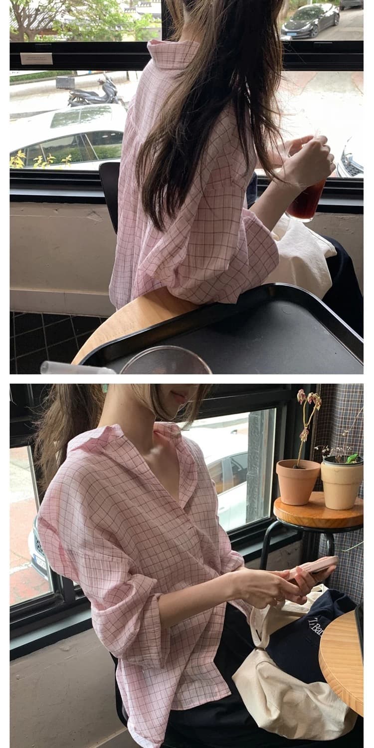 재고 있음 한국 ins 달콤함 소녀 얇은 스타일 자외선 차단 루즈핏 체크무늬 긴팔 셔츠 상세 이미지 28