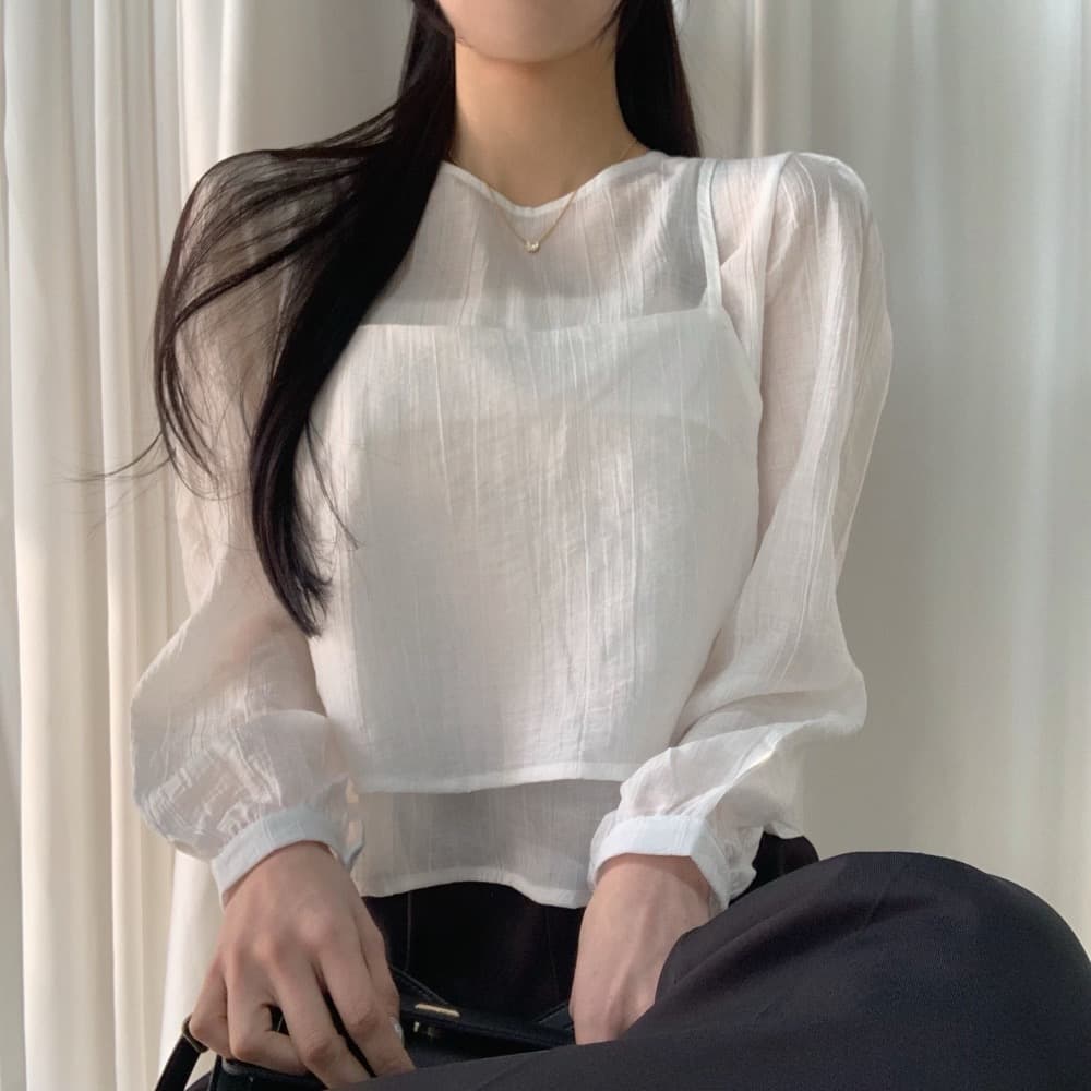 한국 chic 작은 대중 한국 스타일 마이크로 ~을 통해 작은 셔츠 캐미솔 고유 한 긴팔 맨위 두 조각 여성 세트 이미지 3