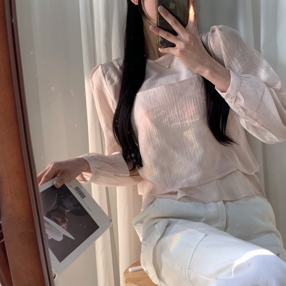 한국 chic 작은 대중 한국 스타일 마이크로 ~을 통해 작은 셔츠 캐미솔 고유 한 긴팔 맨위 두 조각 여성 세트 상세 이미지 3