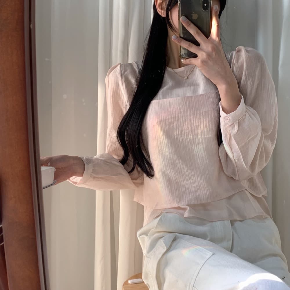 한국 chic 작은 대중 한국 스타일 마이크로 ~을 통해 작은 셔츠 캐미솔 고유 한 긴팔 맨위 두 조각 여성 세트 상세 이미지 4