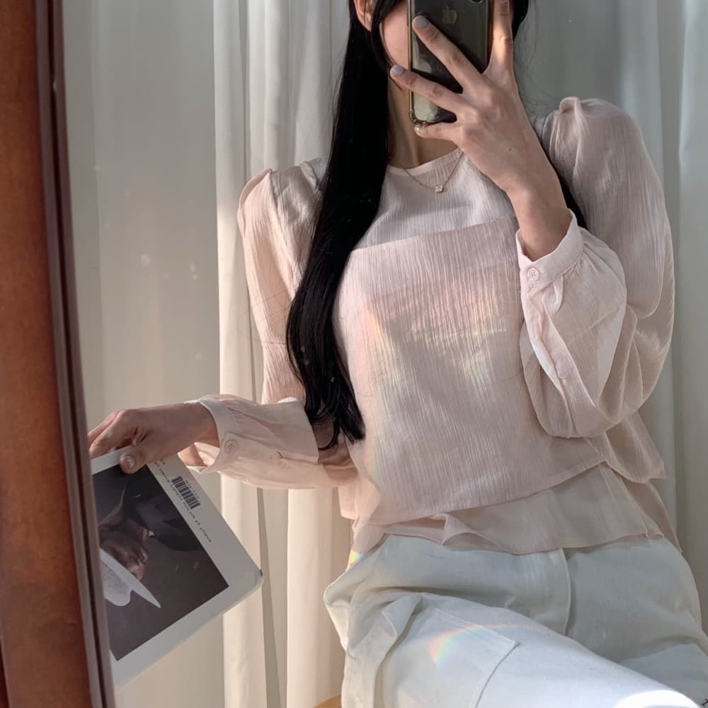 한국 chic 작은 대중 한국 스타일 마이크로 ~을 통해 작은 셔츠 캐미솔 고유 한 긴팔 맨위 두 조각 여성 세트 상세 이미지 5