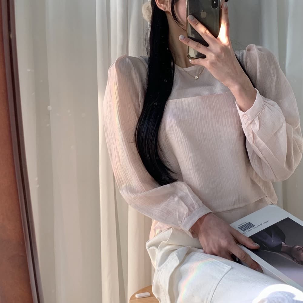 한국 chic 작은 대중 한국 스타일 마이크로 ~을 통해 작은 셔츠 캐미솔 고유 한 긴팔 맨위 두 조각 여성 세트 상세 이미지 6
