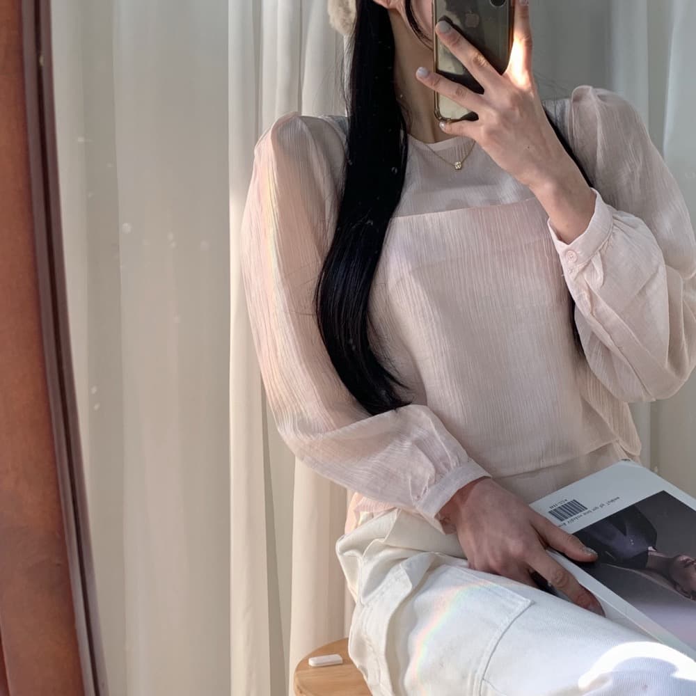 한국 chic 작은 대중 한국 스타일 마이크로 ~을 통해 작은 셔츠 캐미솔 고유 한 긴팔 맨위 두 조각 여성 세트 상세 이미지 7